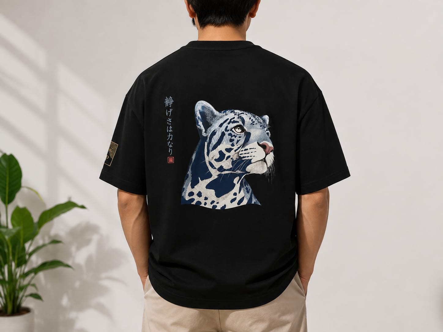 Oversized Black T-Shirt with Japanese Leopard Art | Wild Ink Tee