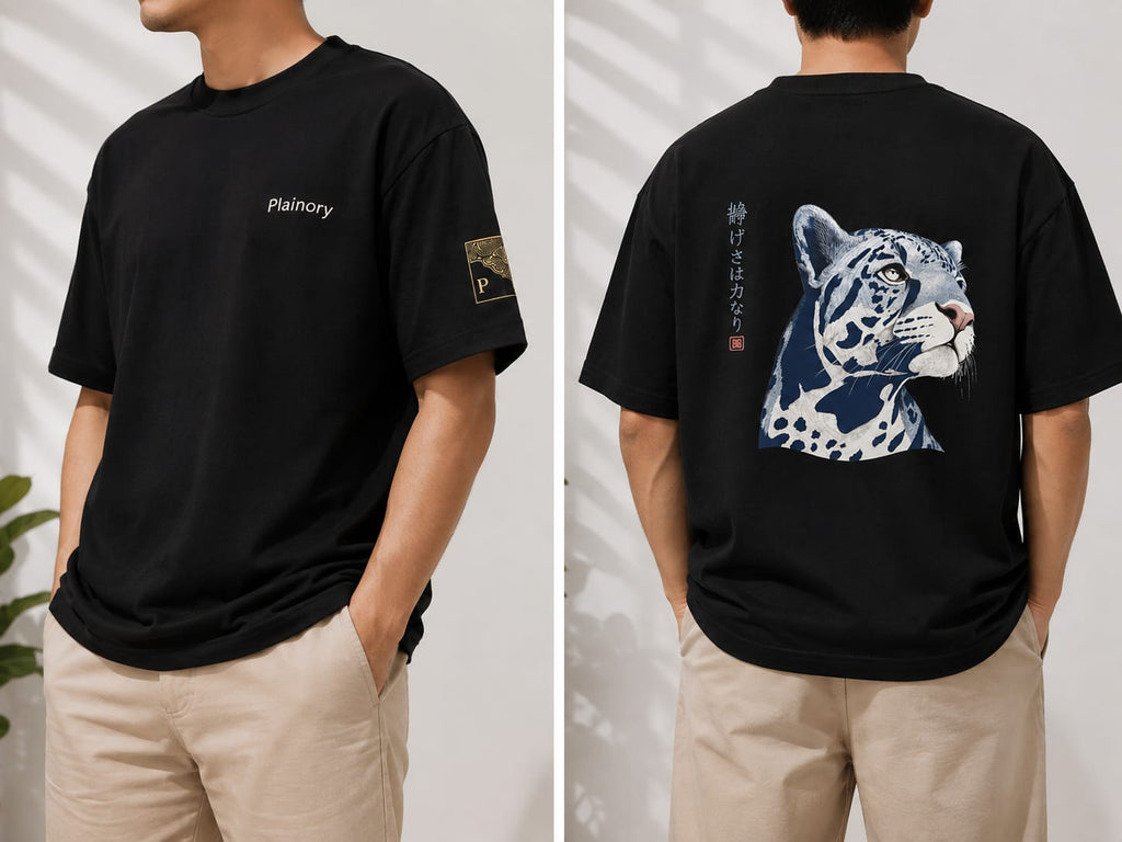 Oversized Black T-Shirt with Japanese Leopard Art | Wild Ink Tee