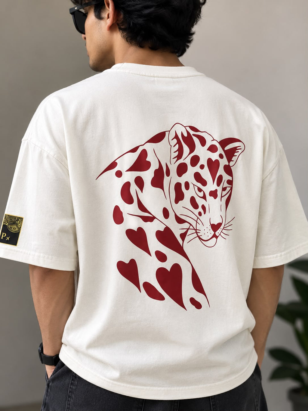 Heart Leopard Oversized Back Print T-Shirt - Off White