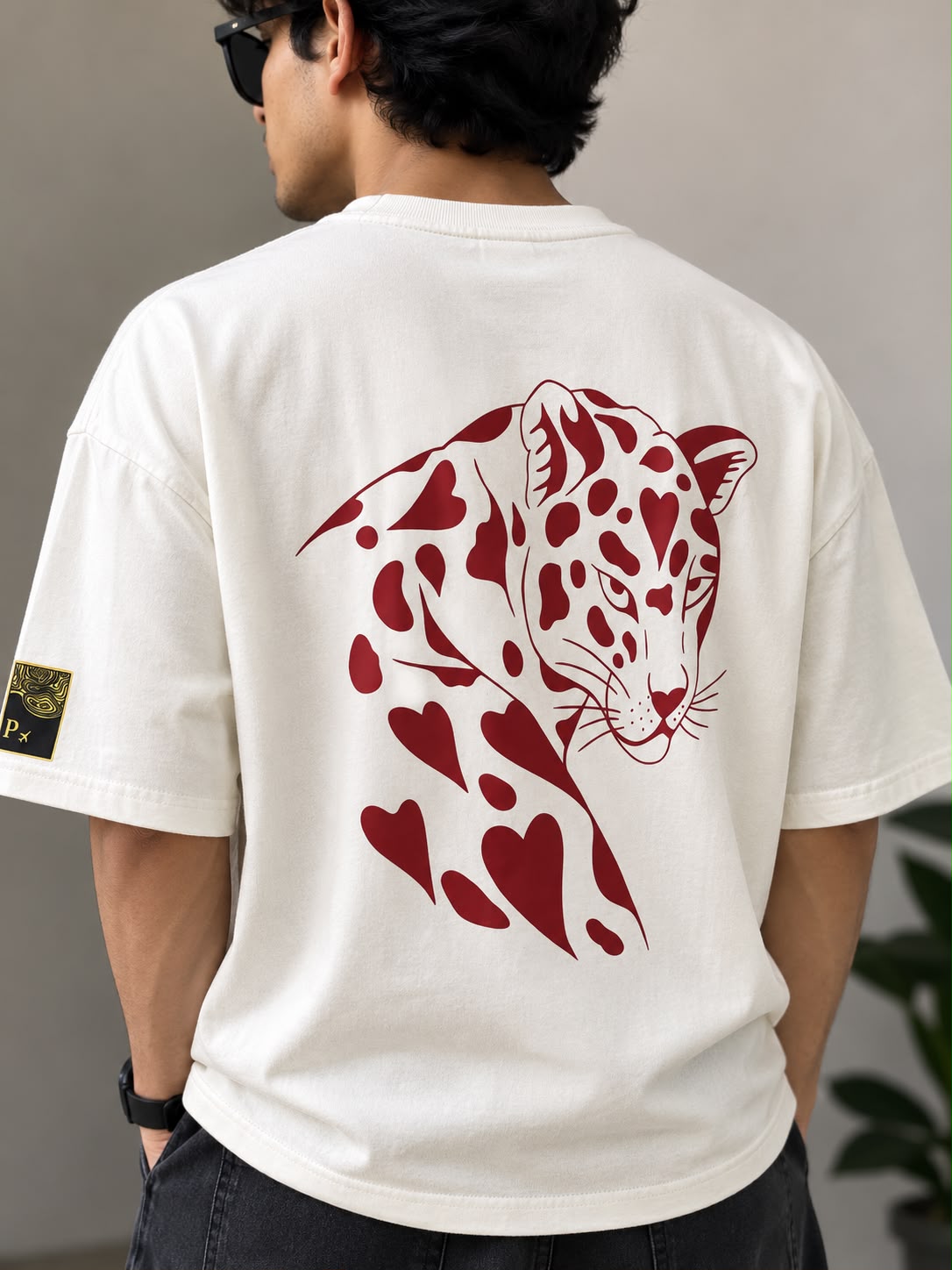 Heart Leopard Oversized Back Print T-Shirt - Off White