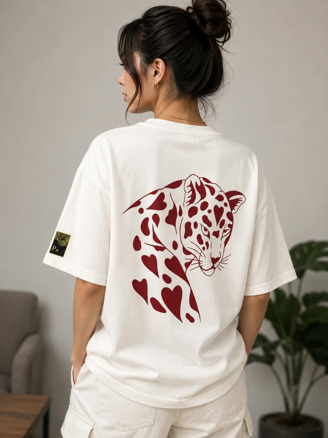 Heart Leopard Oversized Back Print T-Shirt - Off White