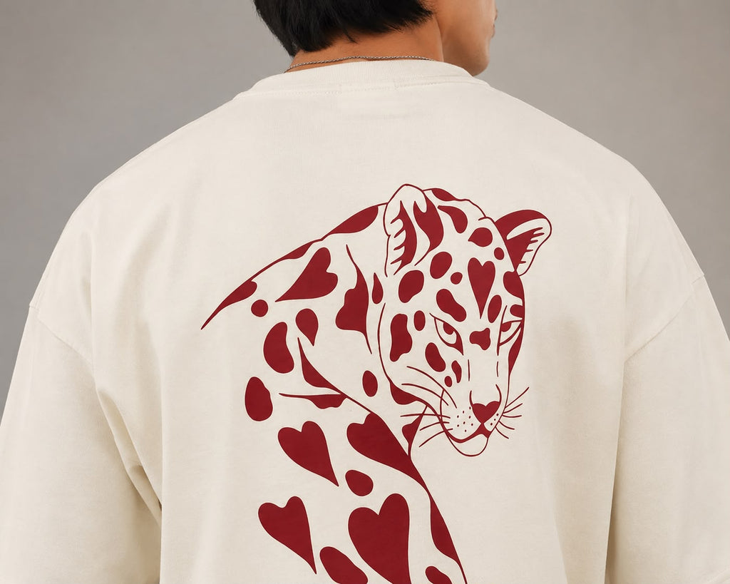 Heart Leopard Oversized Back Print T-Shirt - Off White