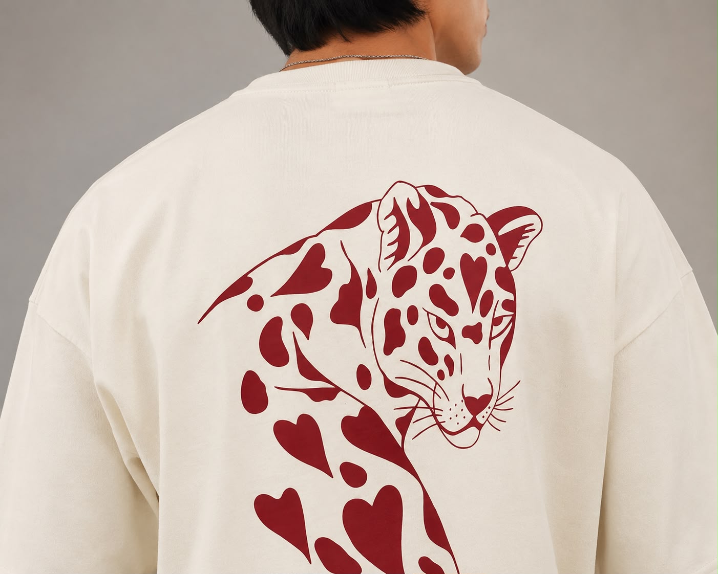 Heart Leopard Oversized Back Print T-Shirt - Off White