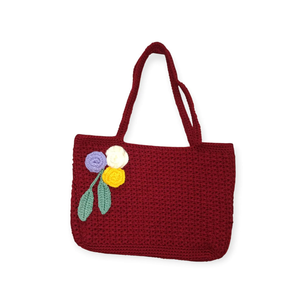 Plainory Handmade Maroon Crochet Tote Bag women 20x15"