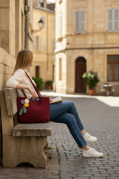 Plainory Handmade Maroon Crochet Tote Bag women 20x15"