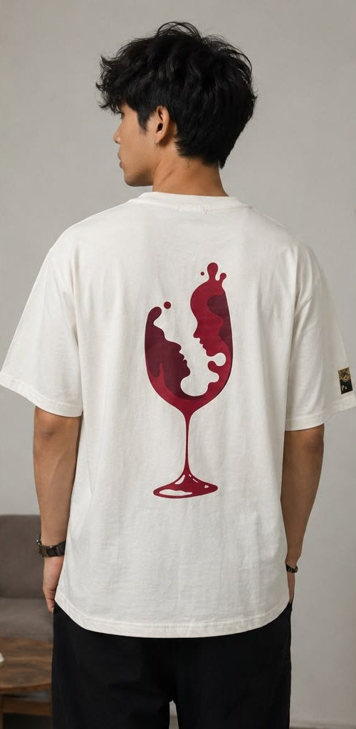 Wine Glass Faces Oversized Back Print T-Shirt - Off White
