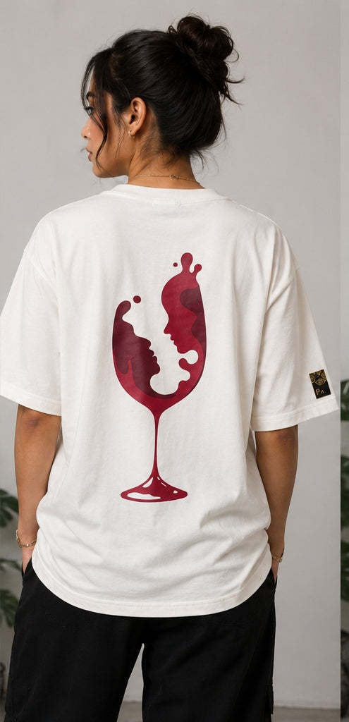 Wine Glass Faces Oversized Back Print T-Shirt - Off White